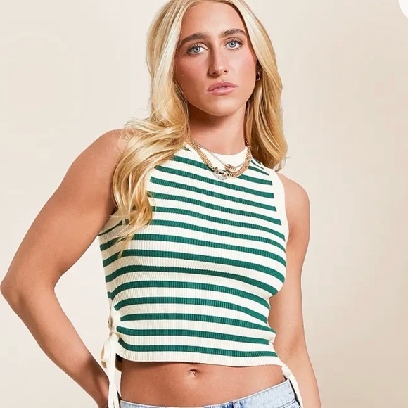Fitz + Eddi Green & Cream Striped Ribbed Knit Tank Top Size M - Picture 1 of 6